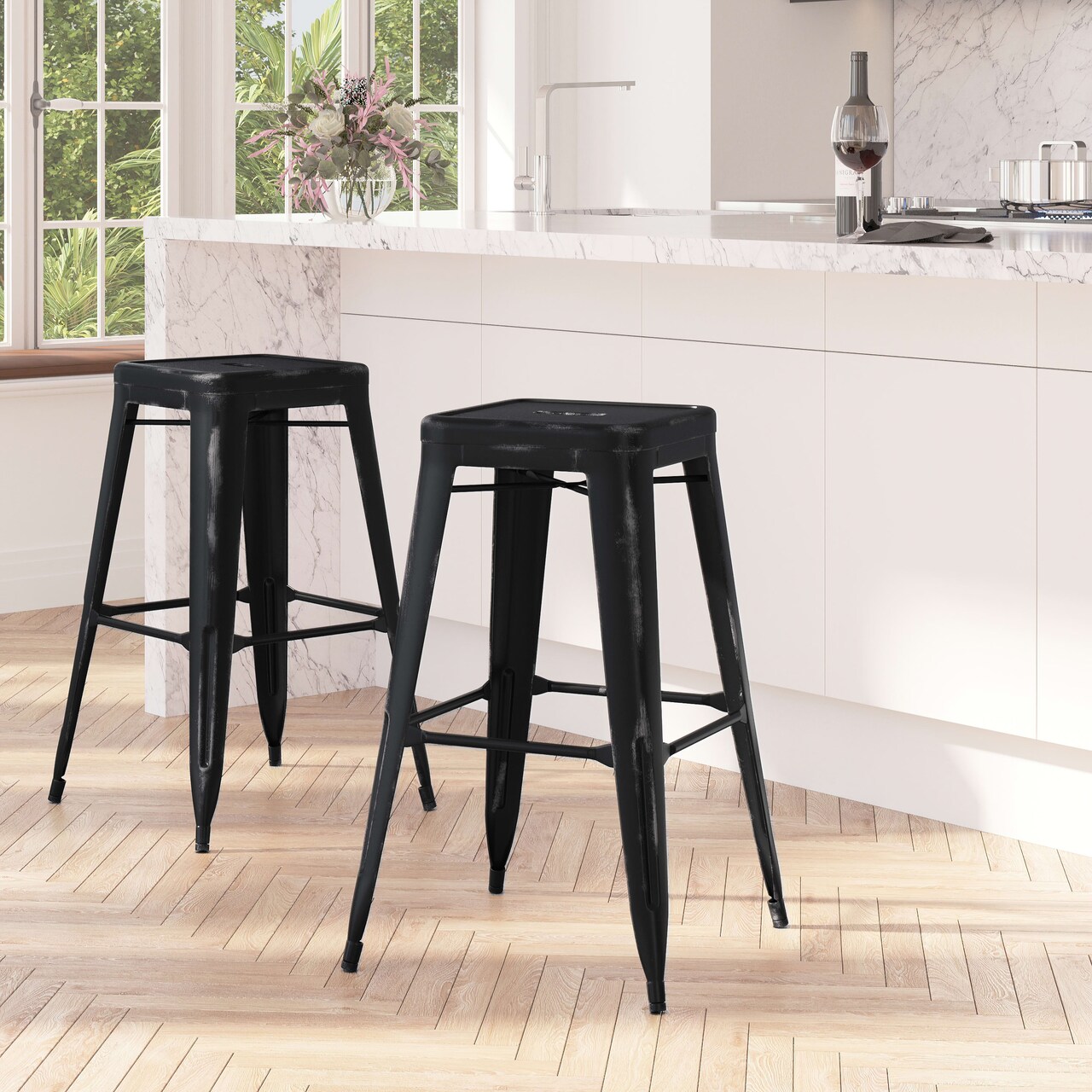 Merrick Lane Elba Series Metal Stool with Powder Coated Finish and Integrated Floor Glides